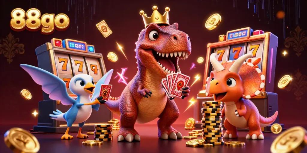 Engage in the thrilling world of 88go with a T-Rex shuffling cards among vibrant slot game elements.