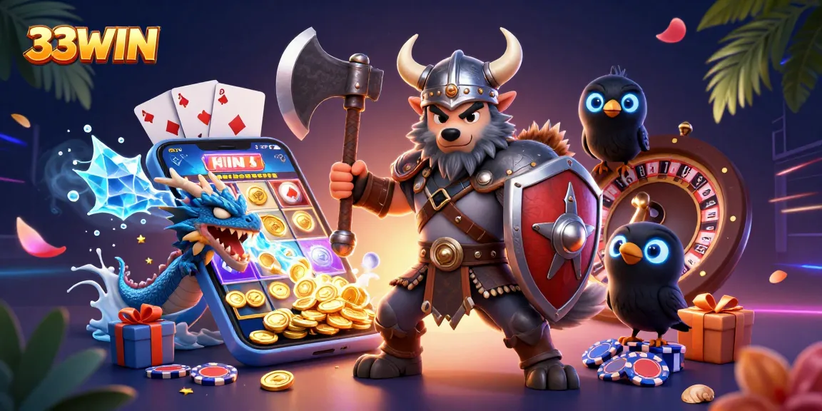 Join the thrilling world of 33WIN with our Viking wolf warrior and dragon amidst vibrant casino elements.
