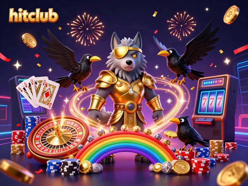 A thrilling gaming scene from Hitclub featuring Odin, a glowing bridge of casino chips, and symbols of luck.