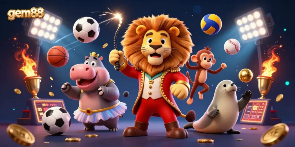 Experience thrilling wins with gem88 in a vibrant, dynamic casino-themed 3D illustration.
