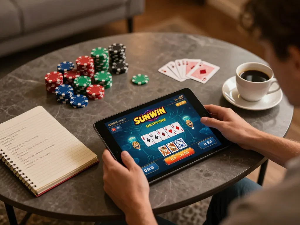 Engaging with the Sunwin gaming app, a player enjoys strategic poker gameplay at home.