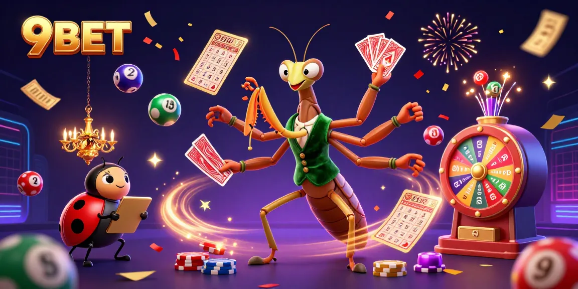 9BET casino features a vibrant scene with a giant praying mantis card sharp and colorful lottery elements.