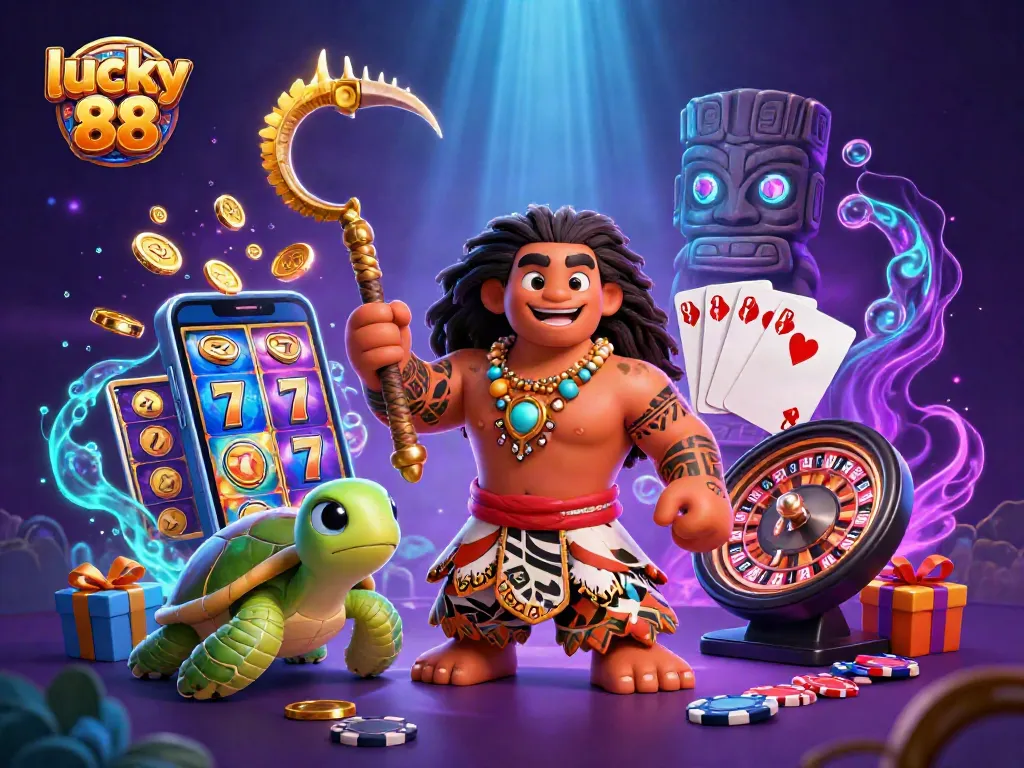 Experience the excitement of lucky 88 with vibrant slot reels and characters in an enchanting casino scene.