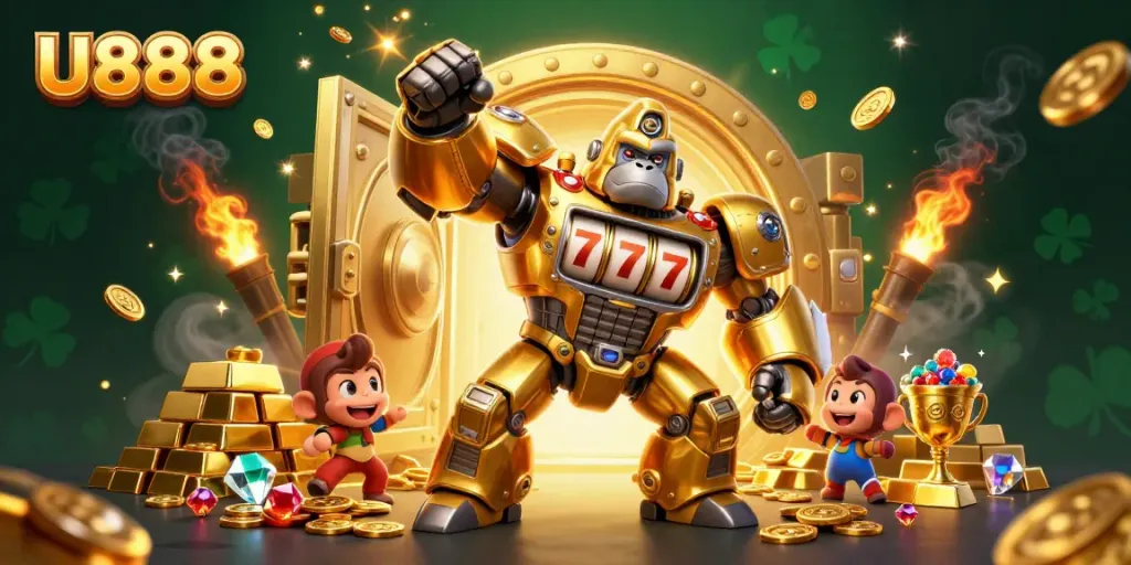 Experience U888 with dynamic golden gorilla mech amidst gold treasure and rolling jackpots.