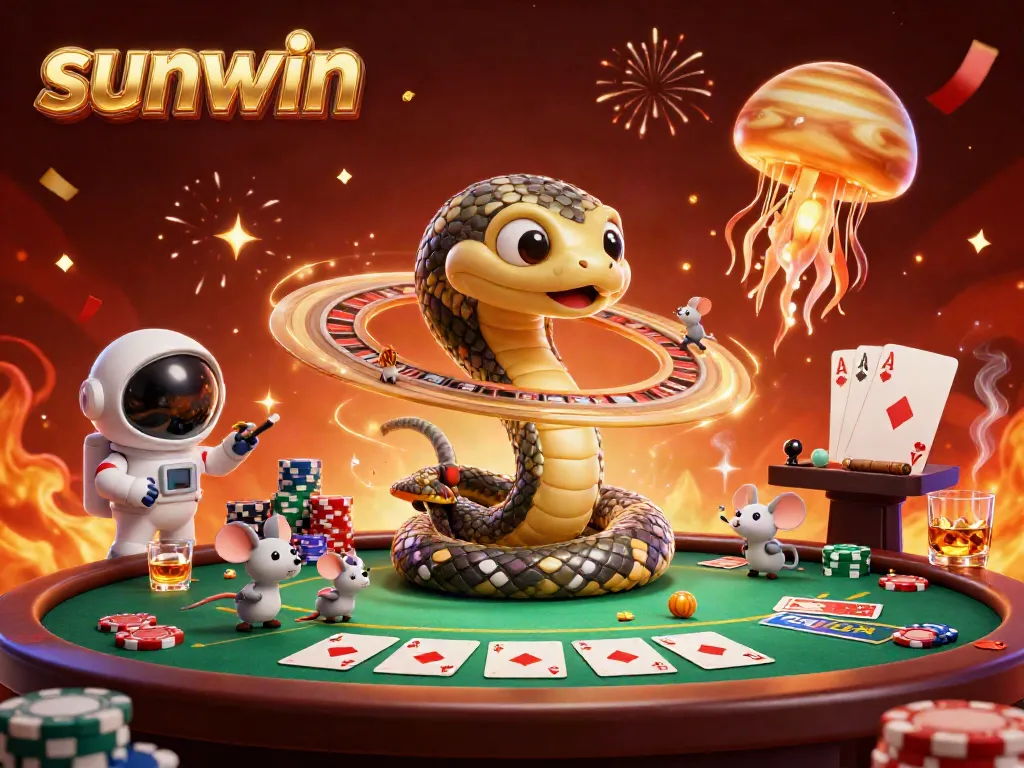 Experience thrilling gambling action with sunwin as tiny astronaut mice bet on a cosmic roulette wheel amidst vibrant casino elements.