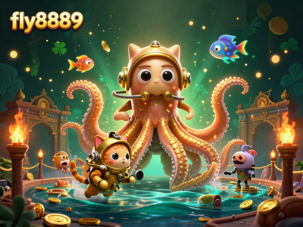 Engage with fly8889's thrilling treasure hunt featuring a kraken, diving cat, and bright fish in a dynamic underwater casino.
