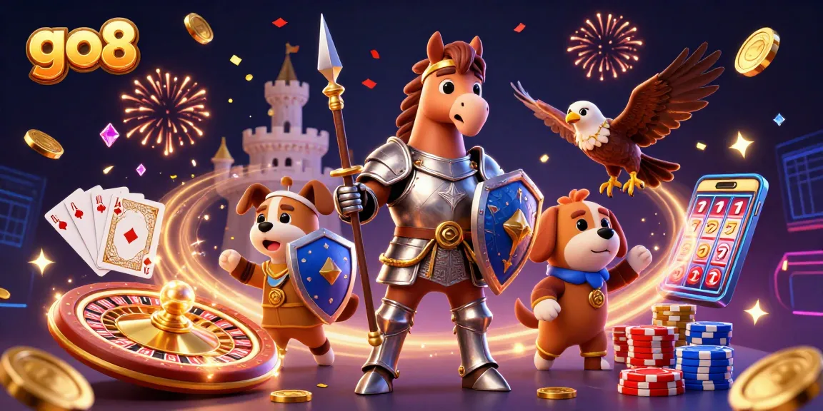 Go8 offers high-stakes fun with a lively scene of a knight, squire, and falcon amidst sparkling casino elements.