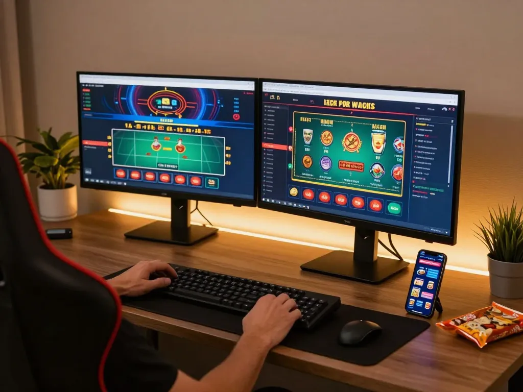 CM88 online gaming excitement with dual monitors and betting apps in a stylish setup
