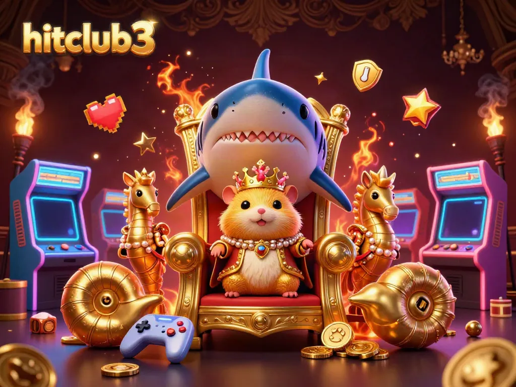 Experience the excitement of hitclub3 with a golden hamster king and seahorse guards in a vibrant 3D casino scene.
