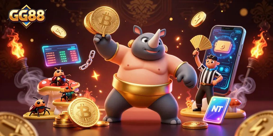 GG88 features a vibrant 3D cartoon scene with a beetle sumo champion and crypto elements, capturing an exciting gaming atmosphere.