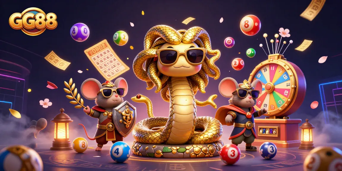 Experience the fun of GG88 with cute Medusa and warrior mouse amidst vibrant gambling elements.