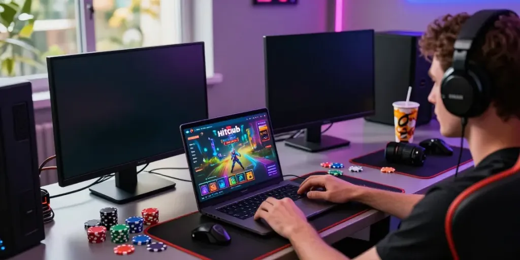 Player enjoying an immersive gaming experience on Hitclub with vibrant graphics and gaming accessories.