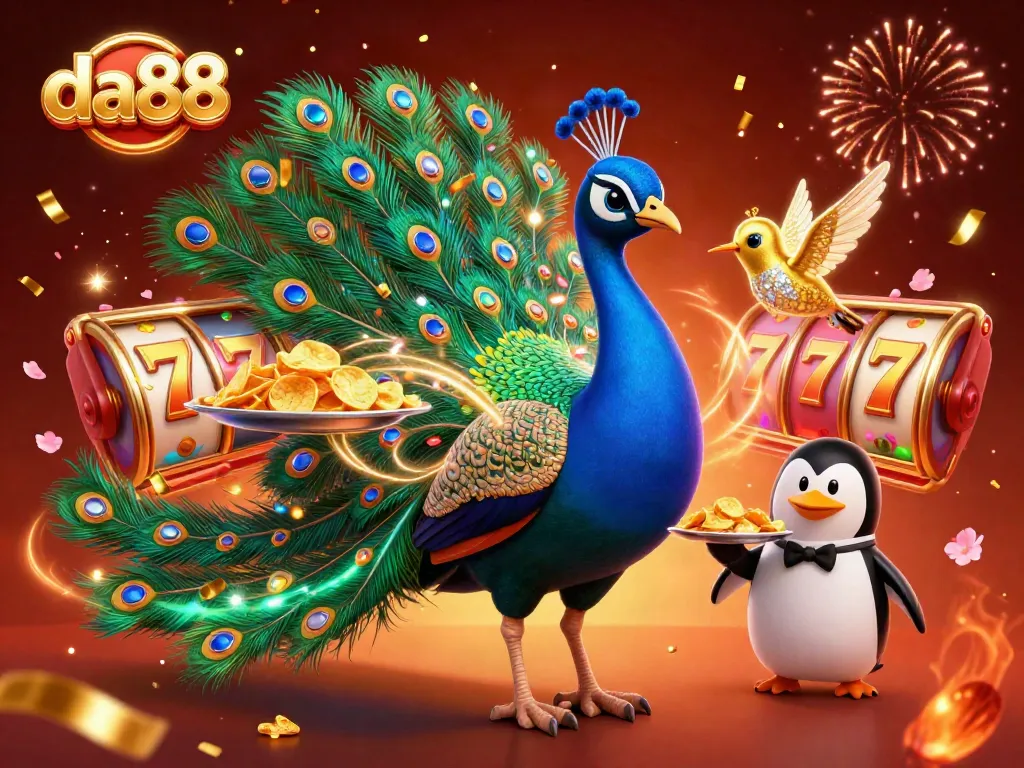 Spin the da88 slots with a vibrant 3D scene of festive characters celebrating big wins.