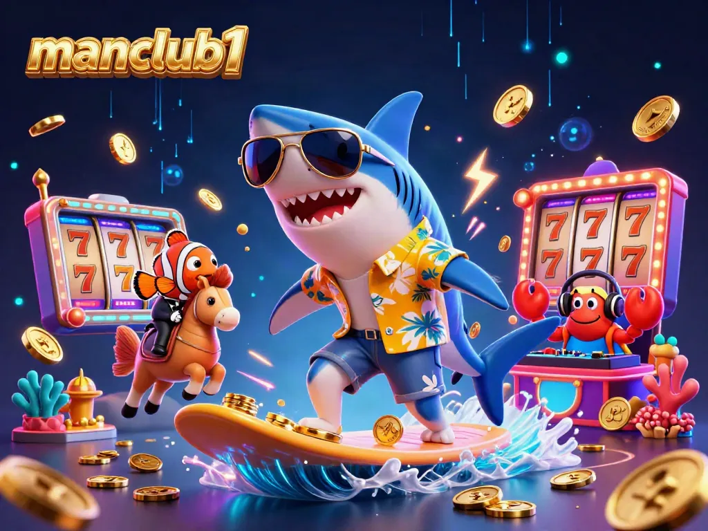 Experience manclub1 with a vibrant 3D scene featuring a shark surfing gold coins and casino elements.