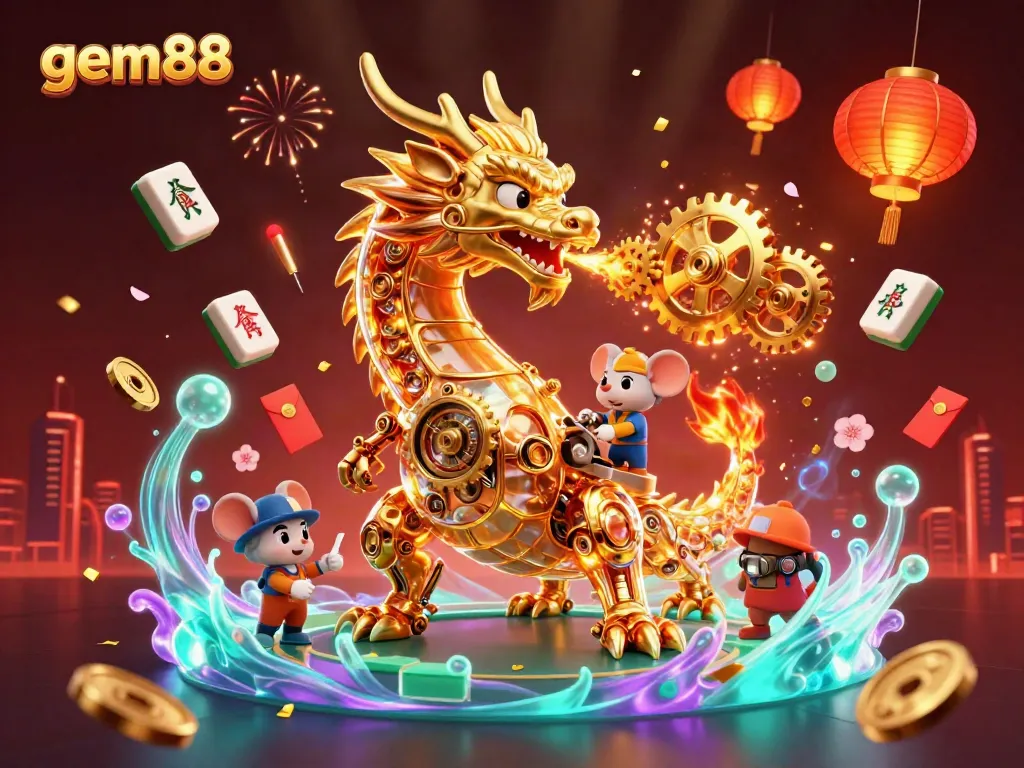 Experience thrilling gameplay at gem88 with a golden dragon and festive casino elements.