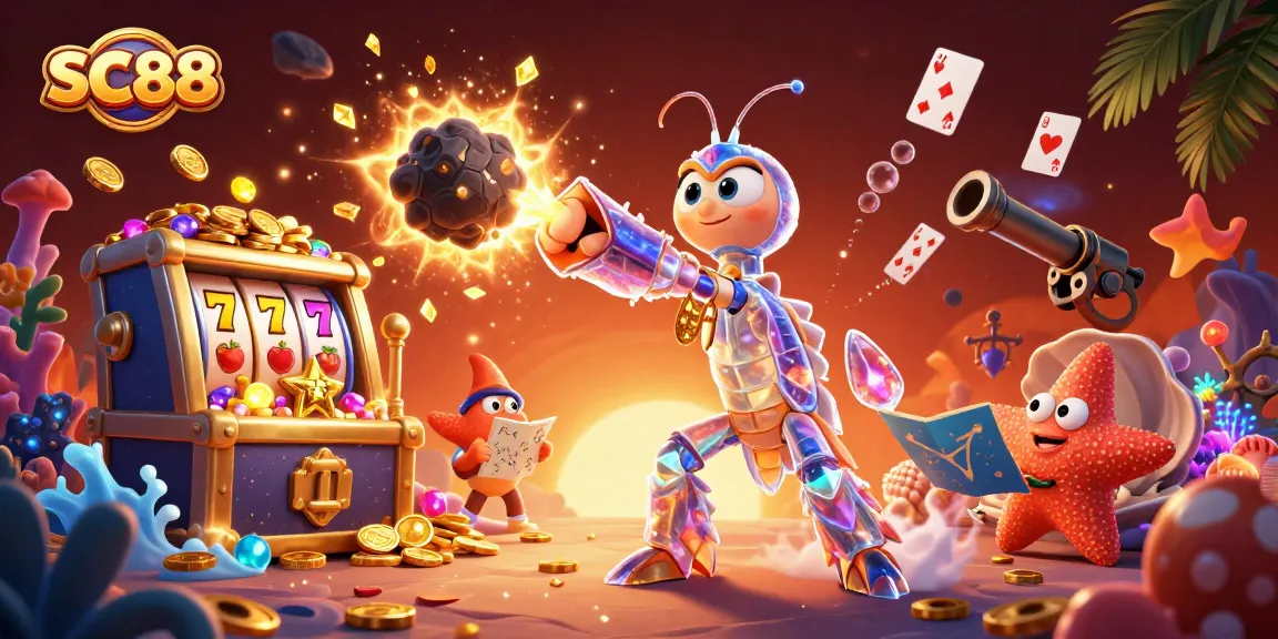 SC88 showcases a galactic samurai mantis shrimp amidst slot reels and gold coins, symbolizing successful gameplay.