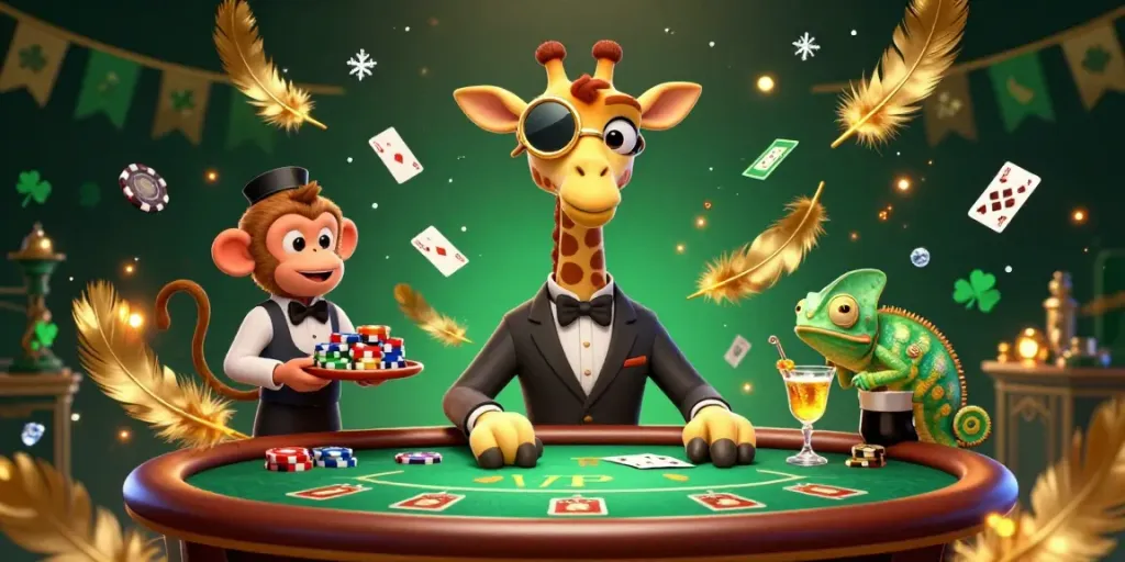 FC88 high-roller giraffe at a poker table with vibrant casino elements showcasing luxurious gameplay.