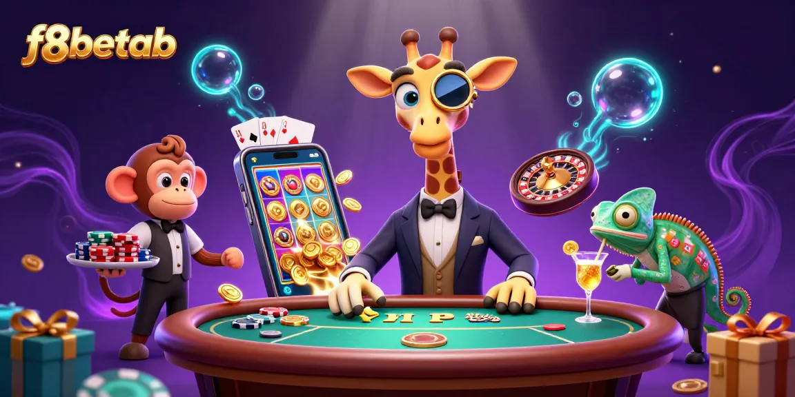 Engage in thrilling gameplay at f8betab with a vibrant 3D casino scene featuring a high-roller giraffe, poker table, and exciting slot games.