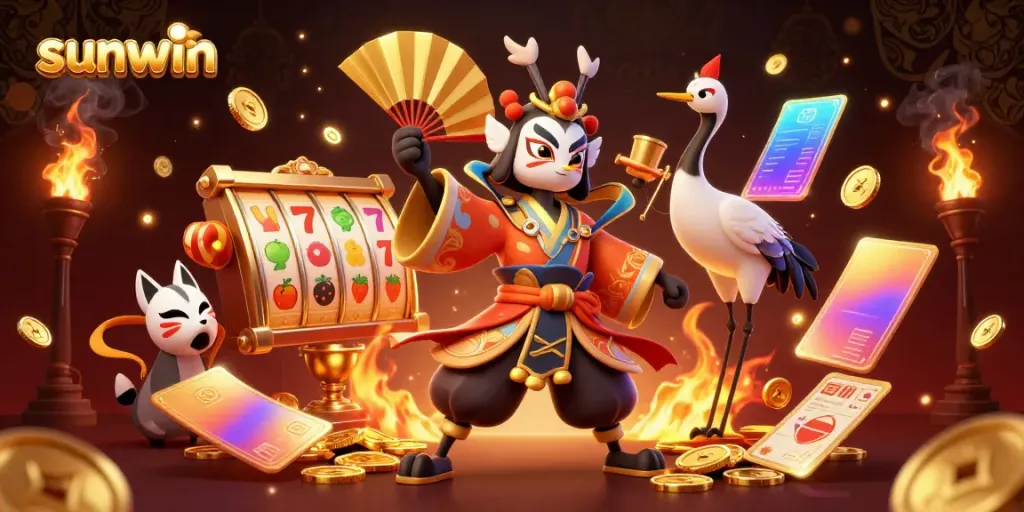 Engage with sunwin's vibrant casino elements featuring animated slot reels and a kabuki warrior in rich detail.
