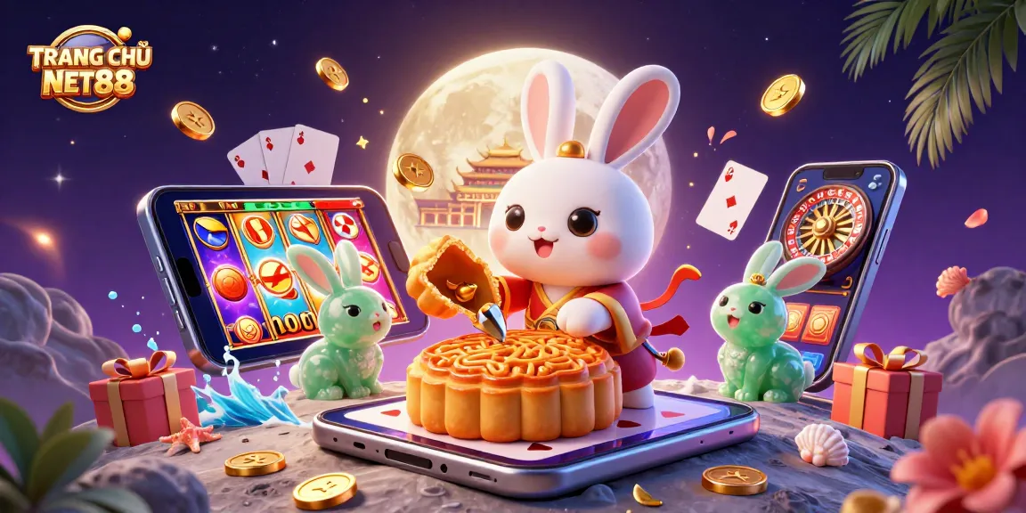 Engage with TRANG CHỦ NET88 as a moon rabbit reveals poker chips from mooncakes in an exciting casino scene.