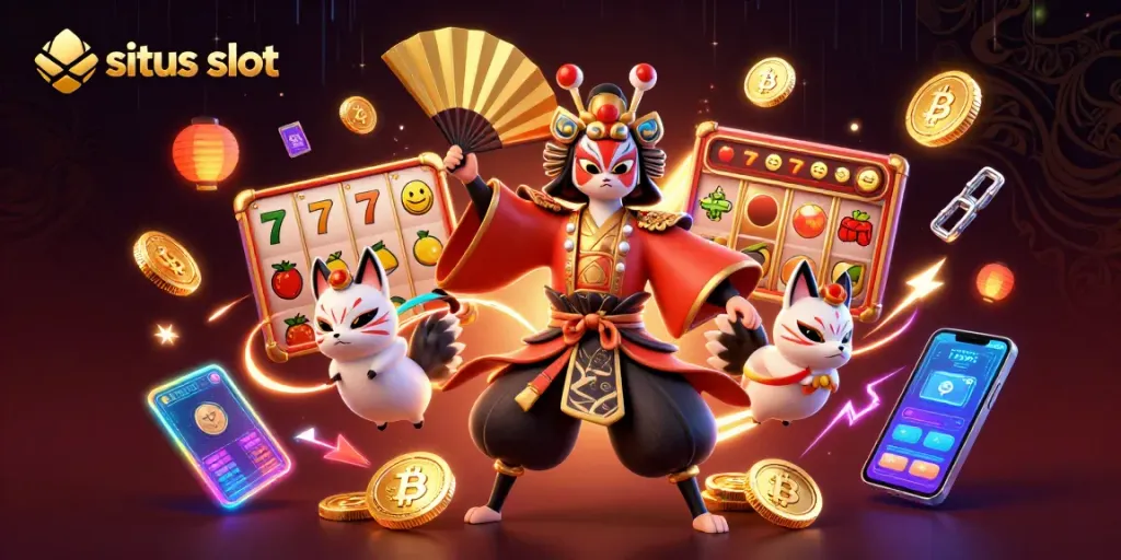 Menghadirkan situs slot dengan simbol slot, jackpot dan karakter menarik dalam suasana cerah dan berwarna-warni.