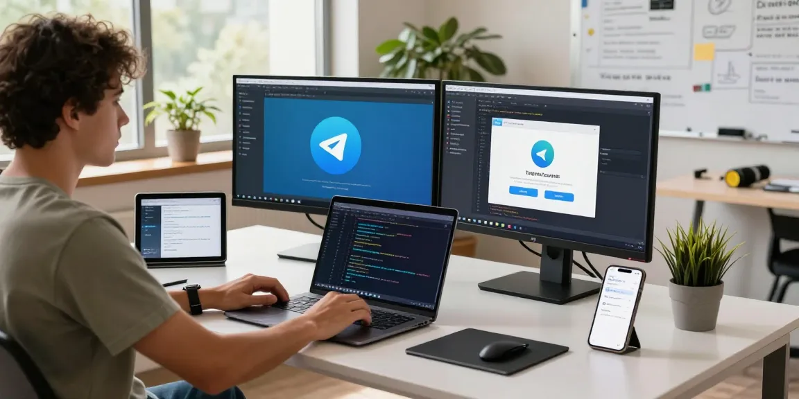 Dynamic workspace showing Telegram Download setup on multiple screens in a modern tech office.