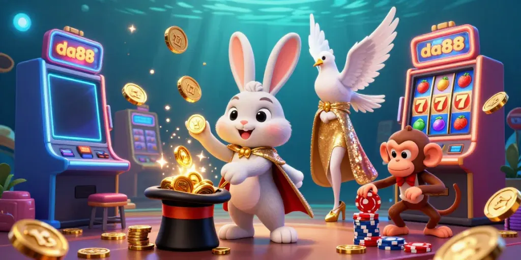 Experience exciting gameplay at da88 with a magical scene featuring a cartoon magician, dove, and monkey amidst slot machines and coins.