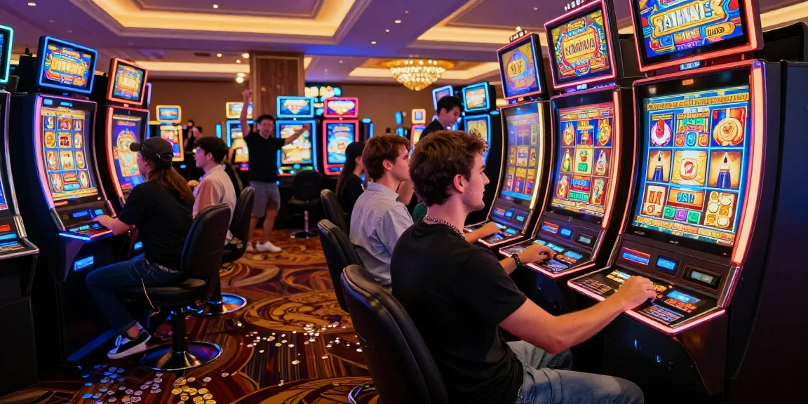 Exciting scene of players celebrating a big win on a slot gacor machine in a vibrant casino