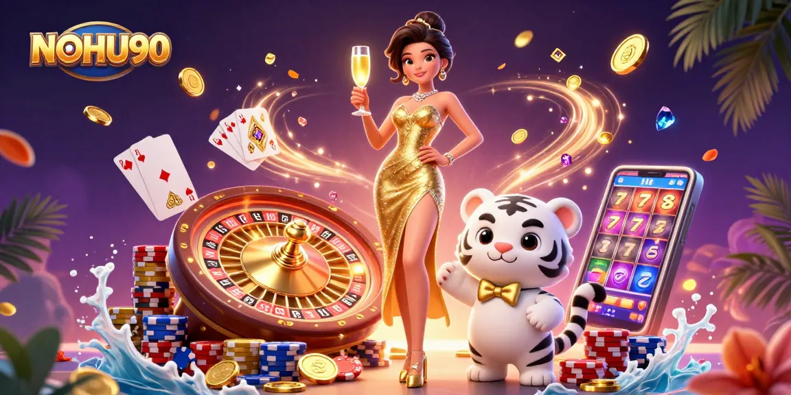 Spin the reels with NOHU90, featuring a glamorous woman and lucky tiger in an animated casino scene.
