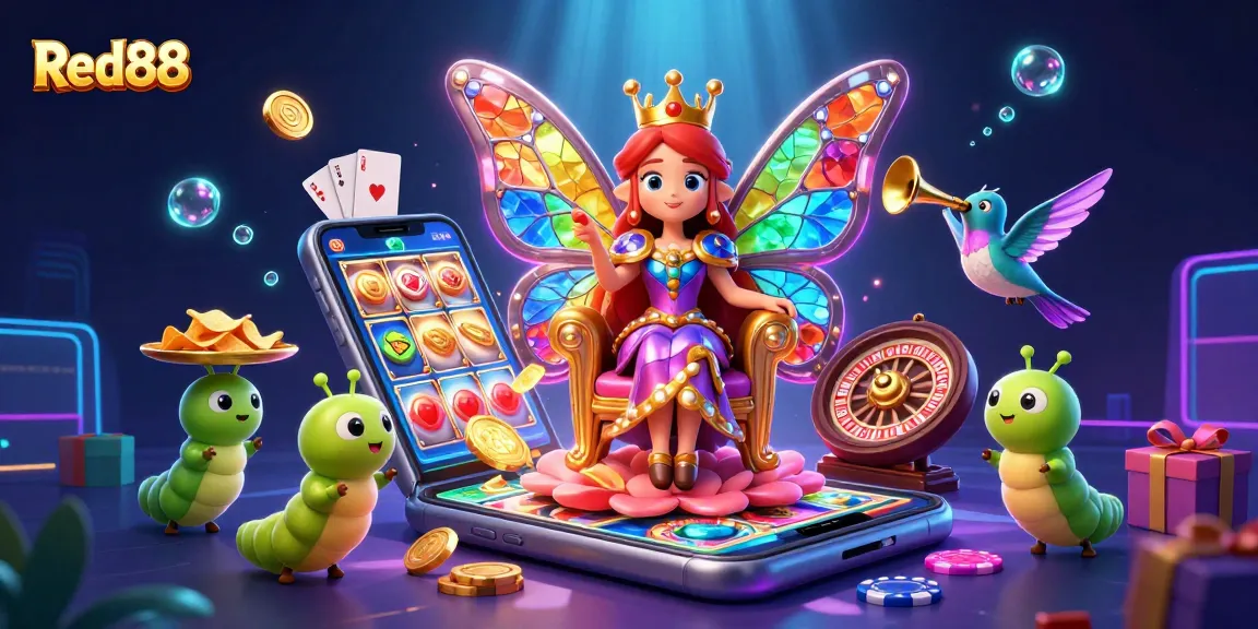Engage with Red88's vibrant gaming universe through an enchanting illustration of a butterfly queen amidst dazzling casino elements.