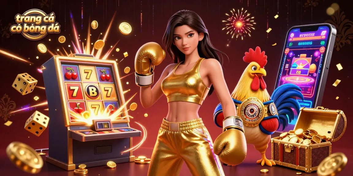 Engage with trang cá cược bóng đá through a dynamic 3D illustration featuring a powerful athlete and championship rooster.