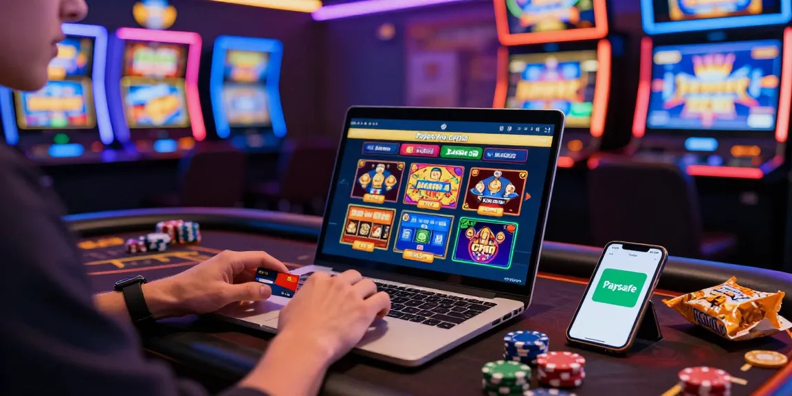 Spieler genießt ein Paysafe Card Casino Erlebnis mit lebhaften Spielautomaten und Smartphone-App in einer lebhaften Atmosphäre.