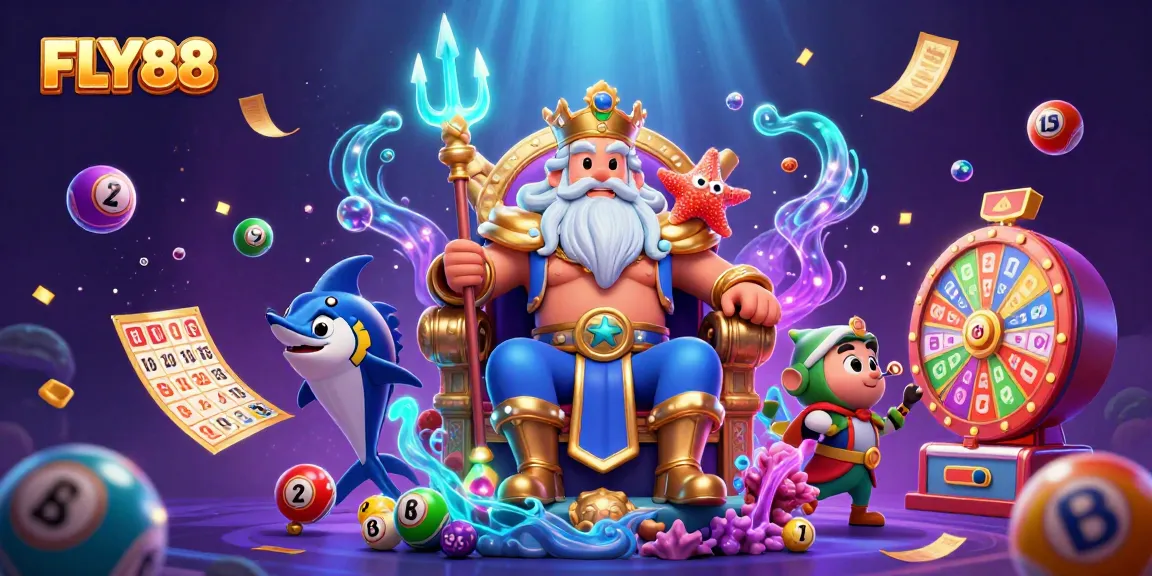 FLY88 enhances your gaming experience with vibrant lottery elements and 3D characters engaging in casino fun.