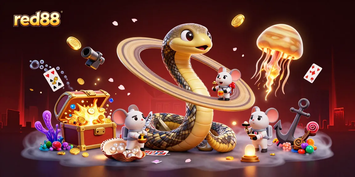 Experience gaming excitement at red88 with a vibrant 3D scene featuring playful astronaut mice and a cosmic dealer.