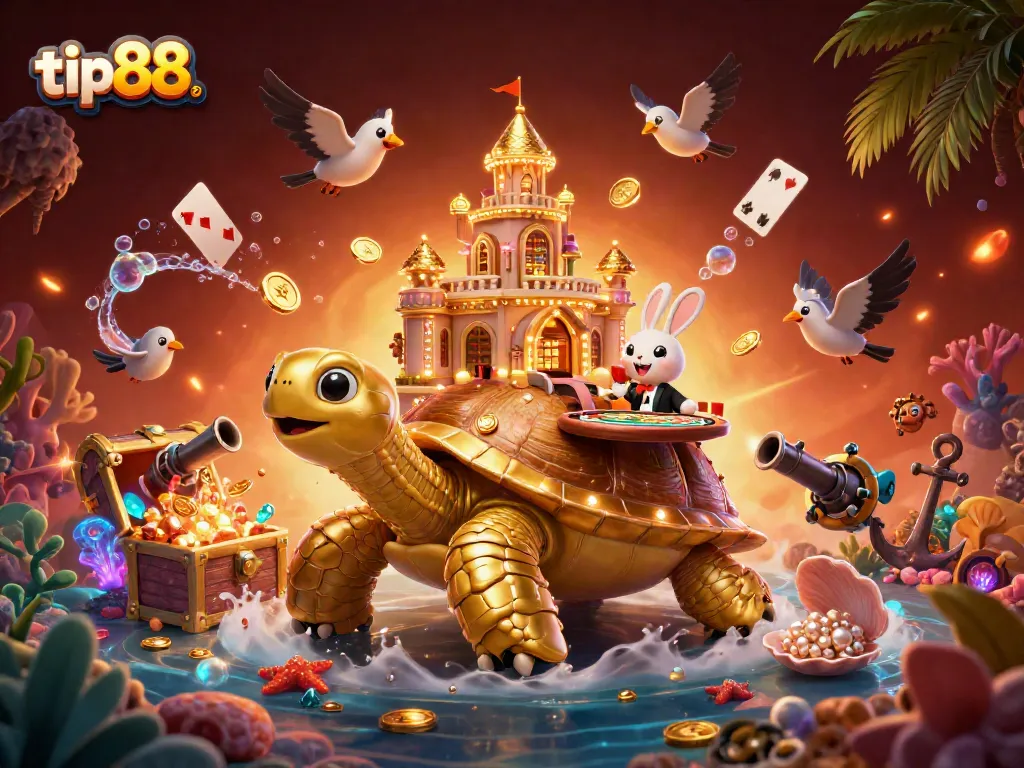 Experience thrilling gameplay with tip88 as a golden tortoise casino emerges amidst vibrant treasures and vibrant action.