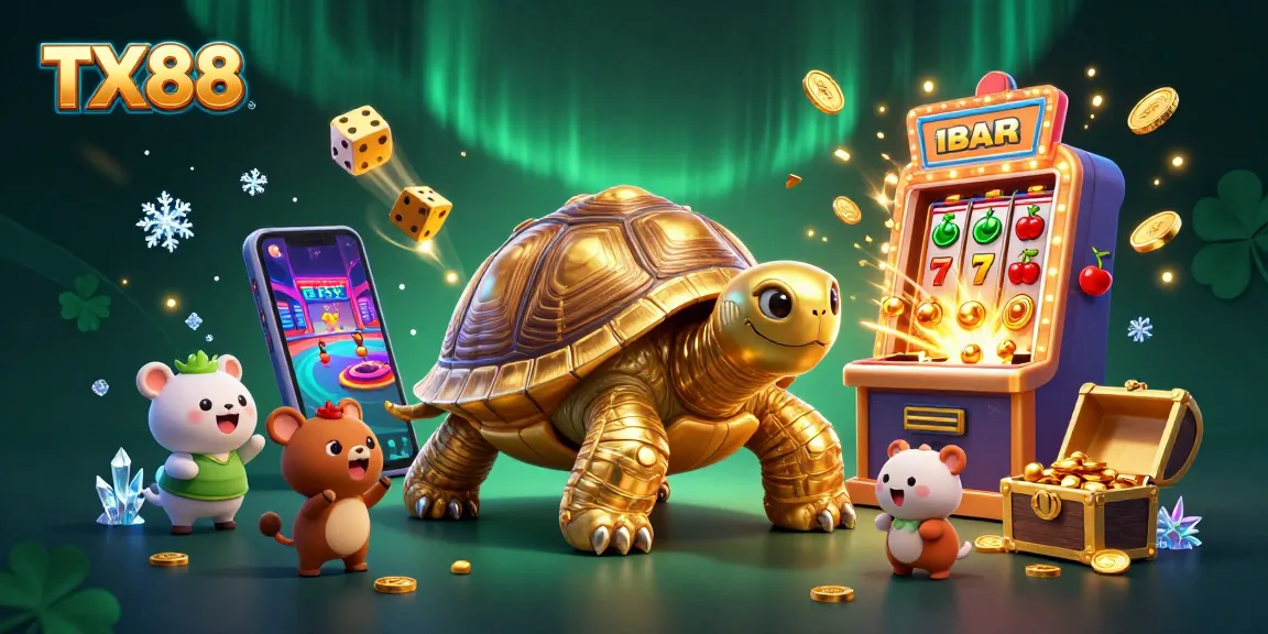 Engage with TX88's exciting gaming experience featuring vibrant casino elements and a golden tortoise.