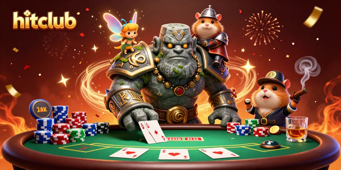Bet big with hitclub: Witness an enchanting 3D setup featuring a golem and fairy centered on poker glory.