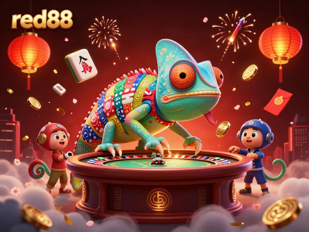 Experience the vibrant casino world of red88 with a colorful chameleon owner capturing golden coins in a lively scene.