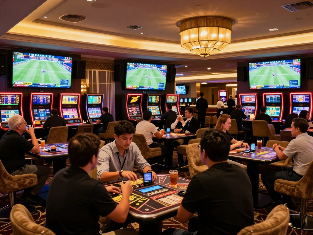 Engaging sports betting atmosphere at https://va88.now/ with patrons analyzing odds and celebrating wins
