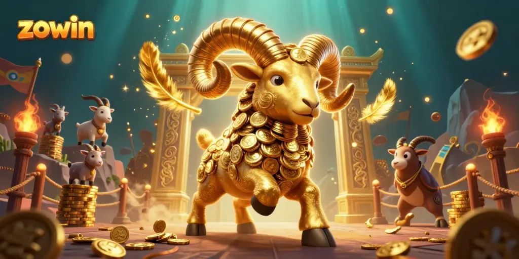 Zowin showcases thrilling gambling action with golden ram charging, surrounded by vibrant casino elements.