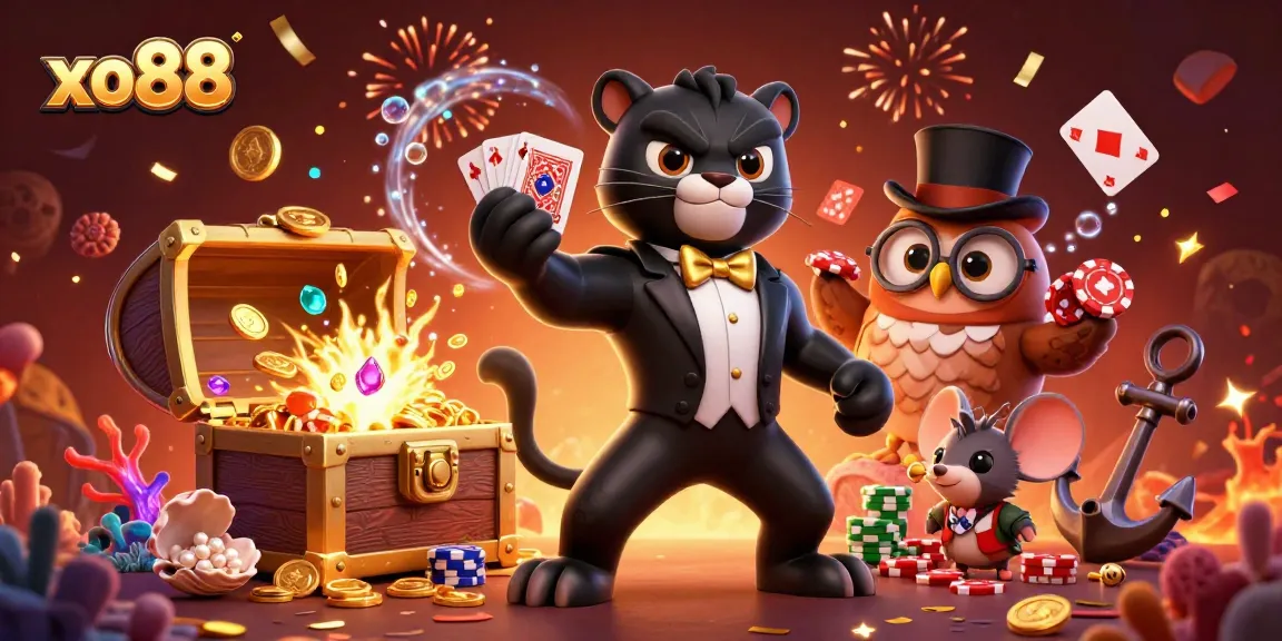 Experience winning moments at xo88 casino with stylish card-dealing panther, chatting owl, and lucky mouse in a festive setting.