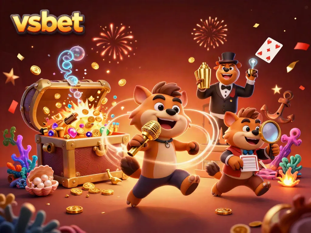 Hyenas performing in a vibrant comedy casino club celebrating vsbet with gold coins and playing cards.