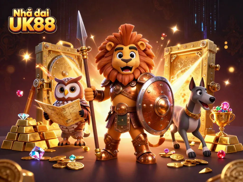 Engage with Nhà cái UK88's thrilling gaming world featuring a Spartan lion and treasures.