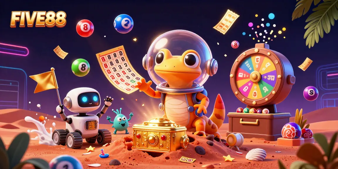 Engage with FIVE88's vibrant casino adventure featuring a Martian gecko and lottery elements.