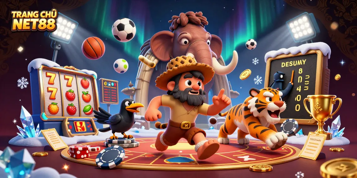Engage with TRANG CHỦ NET88 at a prehistoric casino filled with vibrant slot games and energetic characters.