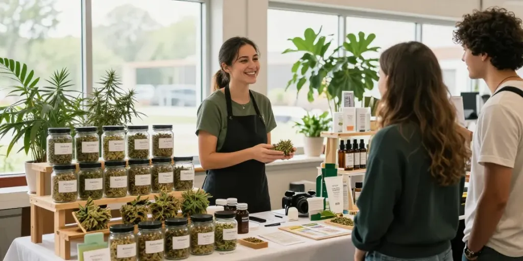 Fresh CBD květy levně displayed in jars at a vibrant market stall.