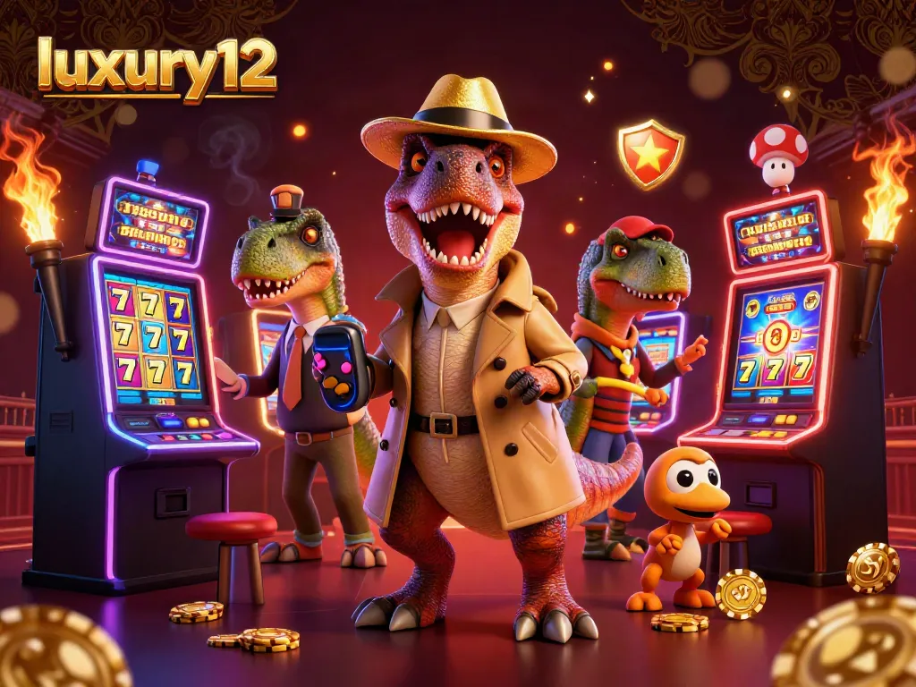 Engage in thrilling gameplay at luxury12 with our cartoon velociraptor and slot machines in action.