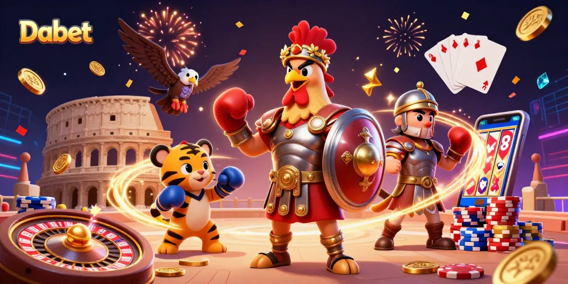 Experience thrilling gaming at Dabet with a gladiator rooster and eagle, showcasing a vibrant casino scene.