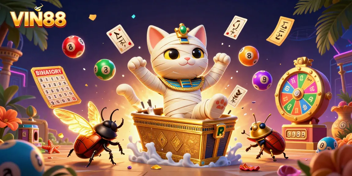 VIN88 offers exciting gaming experiences with a dynamic Egyptian-themed illustration and vibrant gambling elements.