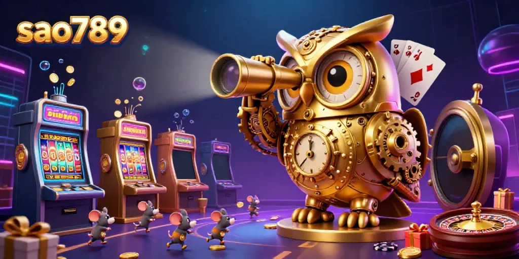 Engage in the vibrant casino atmosphere with the bustling sao789 scene, featuring a golden owl and lively mouse patrons.